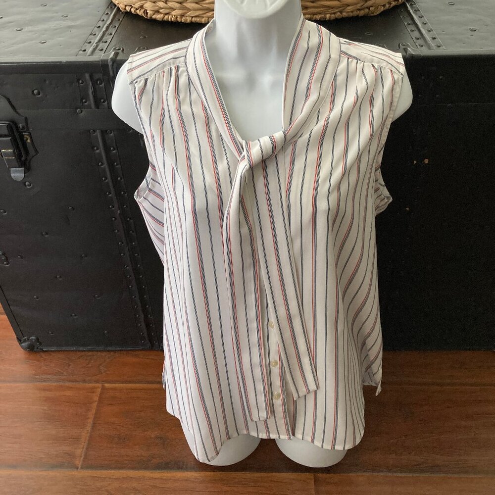 Porophrose Sleeveless Striped Blouse with Bow Tie Large